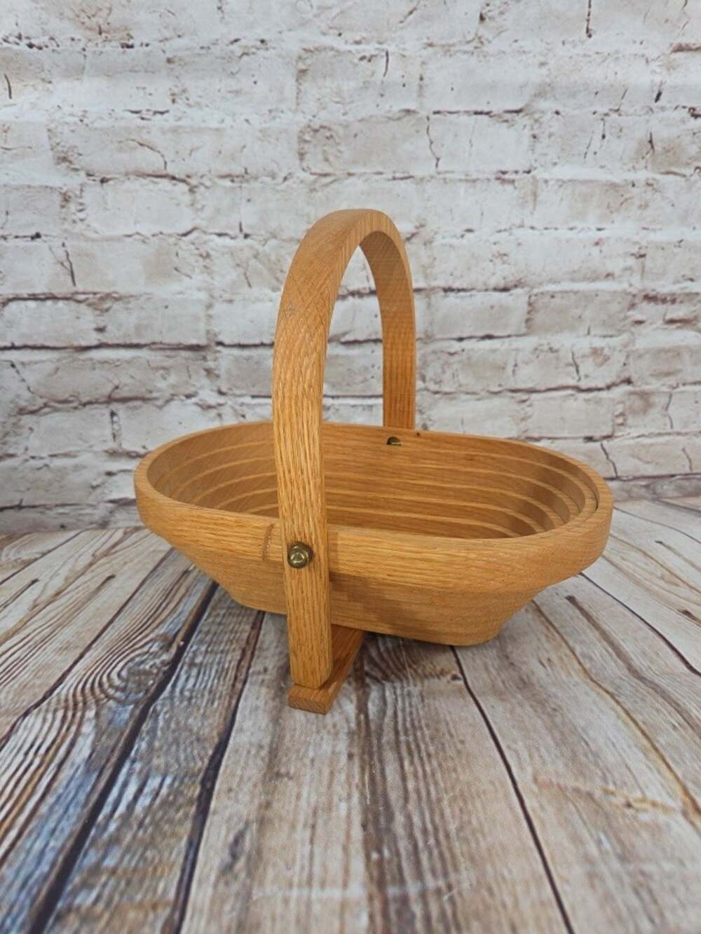 Vintage Wooden Slatted Accordion Basket Fruit Bread Basket w Handle Farmhouse
